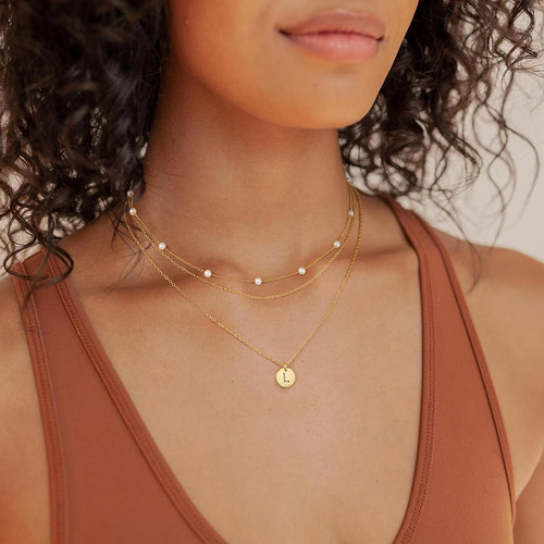 Collar Capas Cadena Y Perlas Colgante Letra L Oro Mujer