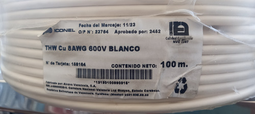 Cable Thw 8 Awg  600v Blanco 100 Metros Iconel