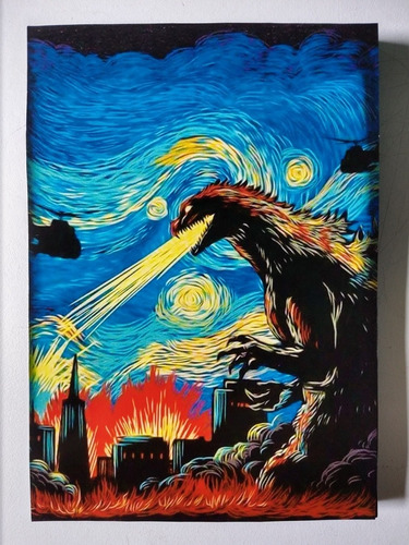 Cuadro Decorativo Godzilla Vintage Tipo Van Gogh 