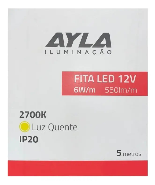 Fita Led 5m Ayla 12V Branco Quente 2700K Dimerizável Interna IP20