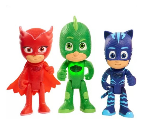 Kit Com 3 Bonecos Pjmasks Menino Gato Corujita Lagartixo