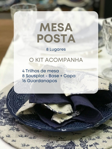 Kit Mesa Posta Jantar 8 Lugares Toile De Jouy Azul Em Linho