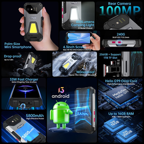 Smartphone Robusto Unihertz Tank Mini 8849, 16 Gb 256 Gb Android 13 Helio G99 100mp Cameras Ip68 Waterproof