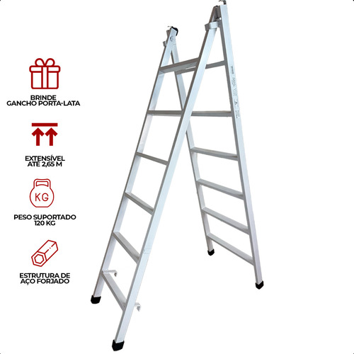 Escada Extensiva De Aço 6x10 Degraus Reforçado 3 Em 1 Arkell