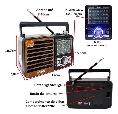 Rádio Com Lanterna E Bluetooth Usb Entrada Sd E Auxiliar P2