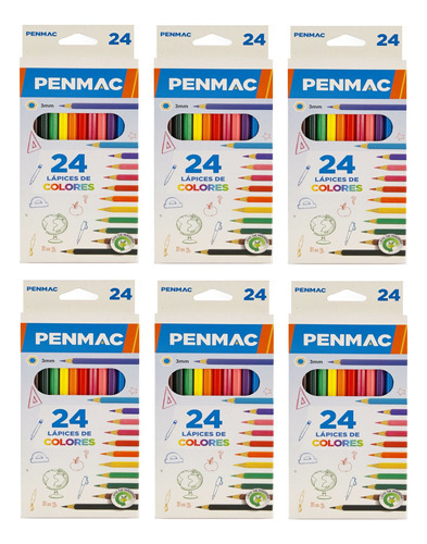 6 Cajas De Lapices Escolares Penmac Largos X 24 Colores