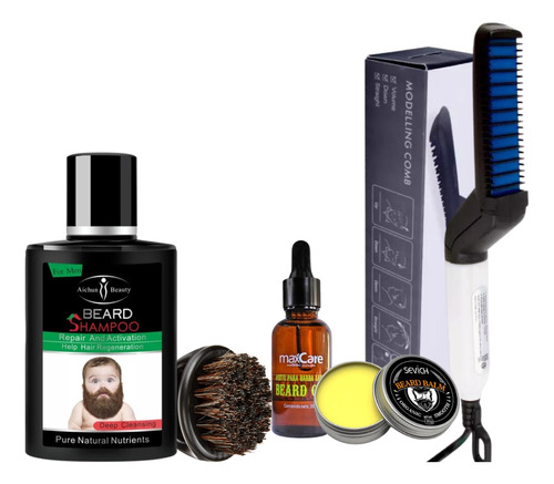 Kit Barba Aceite + Alisador De Barba + Cepillo + Shampoo