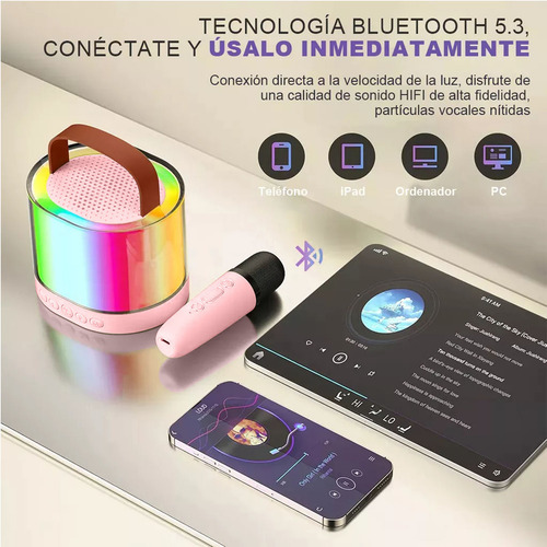 Máquina de karaoke altavoz bluetooth con 2 micrófonos inalámbricos color rosa