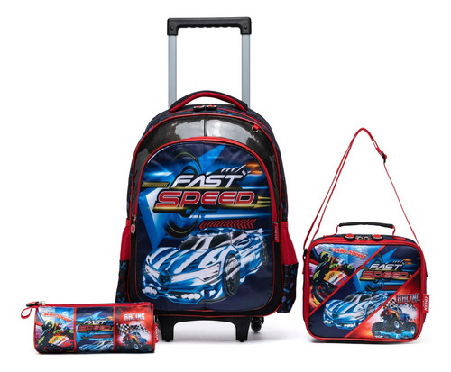 Mochila Rodinha Com Estojo E Lancheira Infantil Escolar Cor Preto Desenho Do Tecido Carros