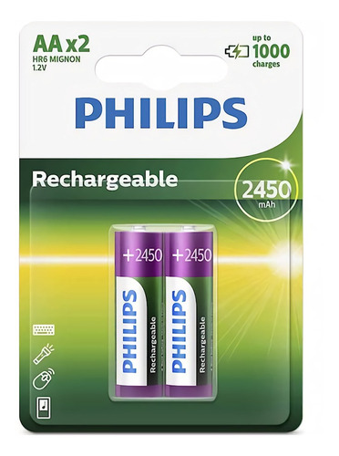 Pilas Recargables Aa Pack X2 2450 Mah Philips- Mini Isamilma