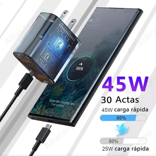 Allaceryvva® Cargador 3M Tipo C Super Rapid de 45 W para Samsung S25 Ultra/S24 Ultra/S23 Ultra/S22 Ultra para iPhone 15/16 Pro Max