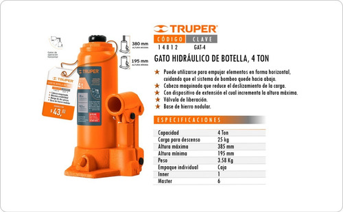 Imagen 2 de 3 de Gato Hidráulico De Botella De 04 Toneladas Truper 14812