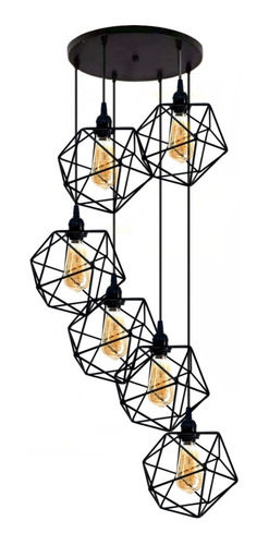 Candil Colgante- 6 Rejillas Jaula Industrial Icosaedro Negro