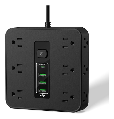 1 Regleta Multicontacto Extension Usb, Con12 Salidas Ca Y 3 Puertos Usb (1 Usb C), Enchufe/conector Multiple, 2 M Extension Electrica, Para Dormitorio, Casa, Dorm, Oficina (negro