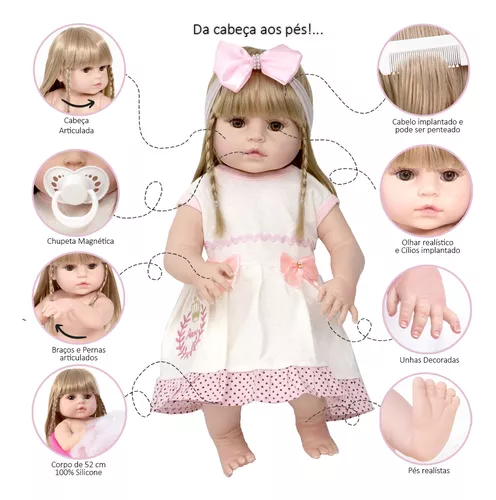 Boneca Bebê Reborn Realista 52Cm Loira Silicone Vários Itens em