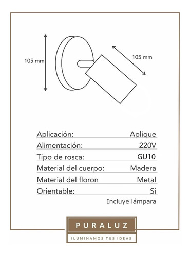 Imagen 2 de 8 de Aplique Pared Madera Direccional Led Gu10 Incluido Puraluz