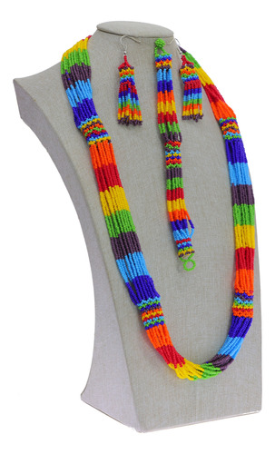 Set Collar Largo Multicolor + Aretes Y Pulsera Pack 2 Pzs