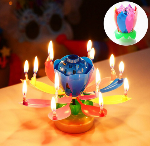Vela Magica Giratoria Musical Para Pastel Cumpleaños Flor 4p