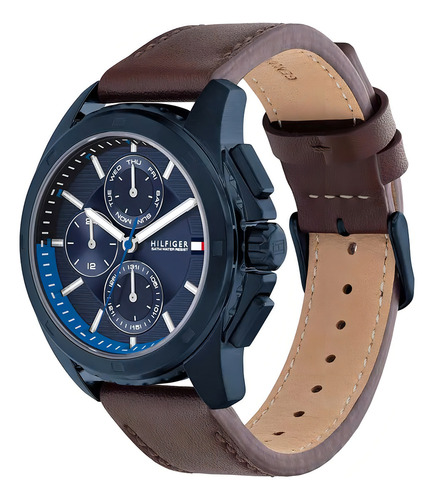 Reloj Tommy Hilfiger Hombre Walker 1710632 Malla Marrón Bisel Azul Fondo Azul