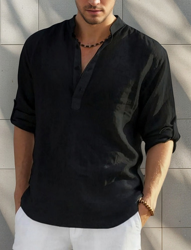 Nuevo Camisa Con Cuello Mao De Lino Informal De Manga Larga