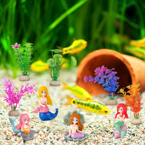 9 Piezas Pecera Simpática Sirena Adorno Algas Simuladas