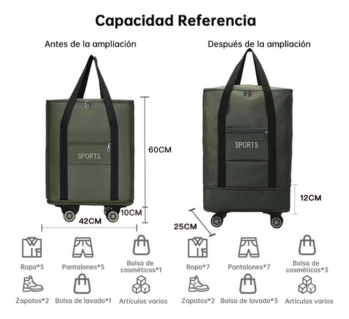 Maleta Deportiva Viaje Bolsa Mochila Gym Duffel Con Ruedas Verde