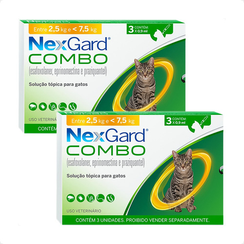 2 Nexgard Combo Gatos 2,5 Kg Até 7,5 Kg - 3 Pipeta 0,9 Ml