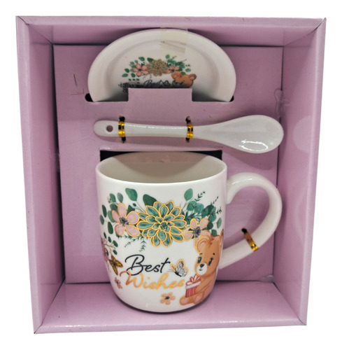 Taza Plato Con Cuchara Cerámica Decorada San Valentín 10 Oz Color Rosa Rj 719
