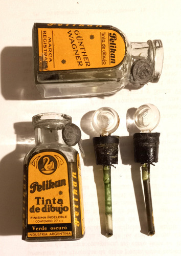 Antiguo Frasco Tinta China Pelikan: 2 Unid, Verde (vacíos) (Usado)