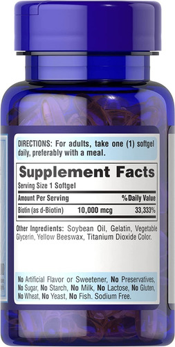 Biotina 10,000mcg (100 Cápsulas) Cabello Uñas Piel Sabor Sin Sabor