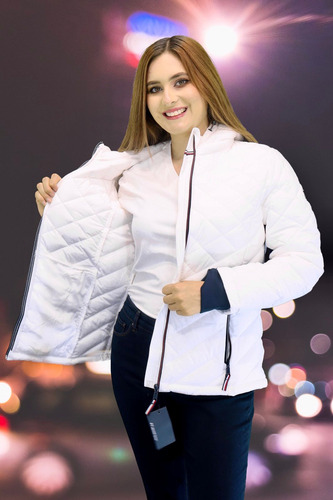 Chamarra Tommy Hilfiger Color Blanco Mod. Tw4mp215 Con Gorro