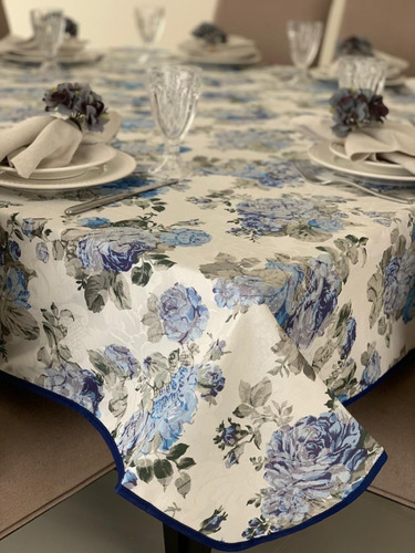 Toalha De Mesa Quadrada Jacquard Floral Azul 2,00m X 2,00m 