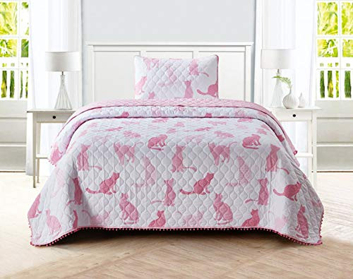 Conjunto De Colcha De Gatos Rosados Con Mini Pompones,