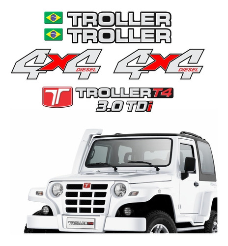 Kit Adesivos Emblema Troller T4 4x4 Diesel 3.0 Tdi 2010 Completo Carro Branco Trl09