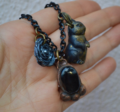 Collar Boho Con Piedra Obsidiana Negra, Flor, Conejo, Cod1