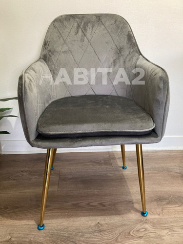 Sitial Terciopelo Patas Doradas Respaldo Alto Y Apoyabrazos Estructura de la silla Gris