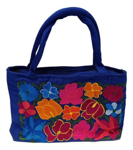 Bolsa De Tela Azul Marino Con Flores Bordadas