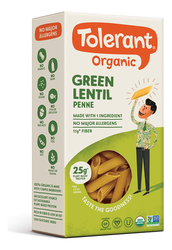 Tolerant Pasta Organica De Lentejas Verdes Penne (8 Onzas), 