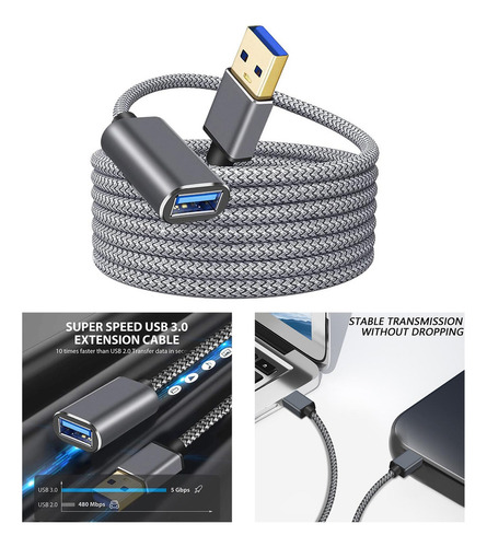 2 Cable De Extensión Usb 3.0 Macho A Hembra Nylon 0,5 M