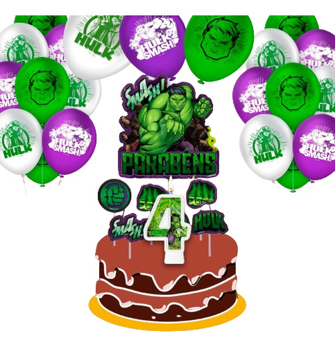 Kit Festa Decoração Hulk Aniversário Topo + Vela 4 + Balão