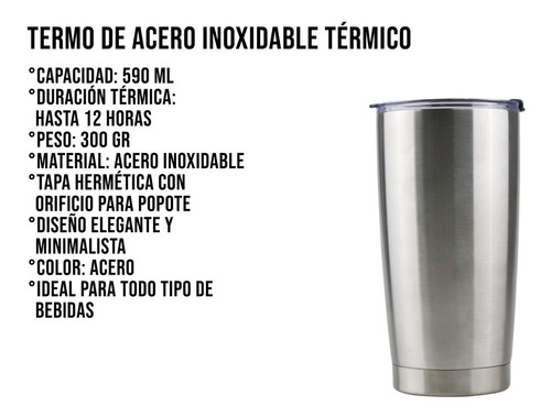 Imagen 2 de 10 de Vaso Termo Acero Inoxidable P/ Cafe 20oz Térmico Tapa Ce-t01