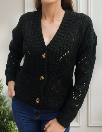 Saco Cardigan Oversize Tejido Lana Frizada Con Botones Mujer