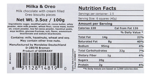 Milka Chocolate Suizo Sabor Oreo 100 Gr