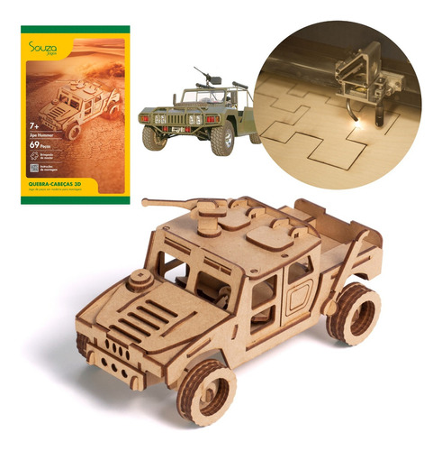 Quebra-cabeça 3d Jipe Hummer De Guerra 69 Peças - Mdf