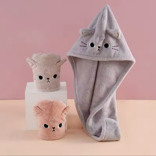 Toalla Turbante De Microfibra Suave Secado Rápido Chufi Gris Gatito
