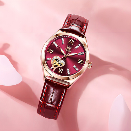 Reloj Mecánico De Cuero Para Mujer Olevs 6636 Color de la correa Wine red