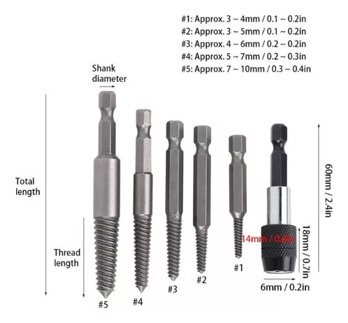 Juego De 6 Brocas De Tornillo Rotas Y Extractor De Tornillo