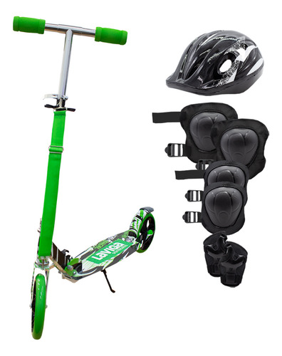 Scooter Patín Plegable Para Niñas Y Niños + Protecciones Color Negro Grafiti Verde