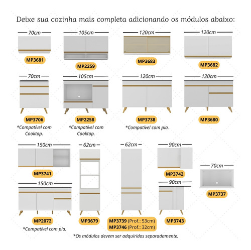 Armário de Cozinha Modulada Compacta 4 Pçs com Balcão para Cooktop Veneza Multimóveis MP2264 Branco/Dourado