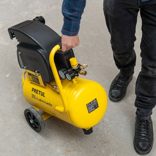 Kit Compresor de aire eléctrico portátil Pretul COMP-KIT20P3 monofásico 20L 1.5hp 127V 60Hz amarillo + manguera + pistola de gravedad